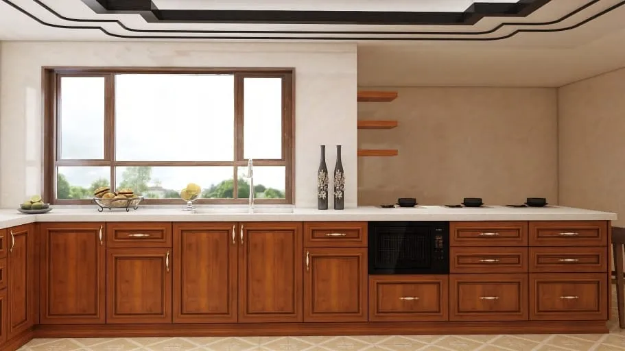 Cherry cabinet run under a large window with a built-in black microwave and diamond-pattern floor tile
