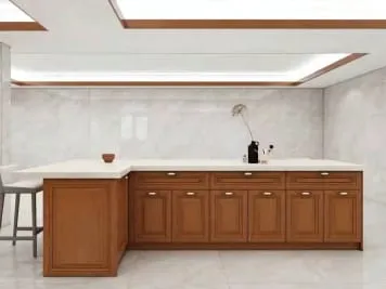 Cherry peninsula with a white counter against pale stone-look walls