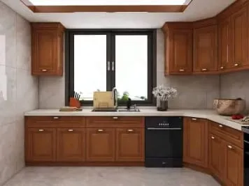 Cherry sink run under a black-framed window with a black dishwasher