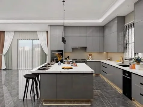 Gray high-gloss kitchen with white quartz counters, an island with black stools and tall windows with curtains