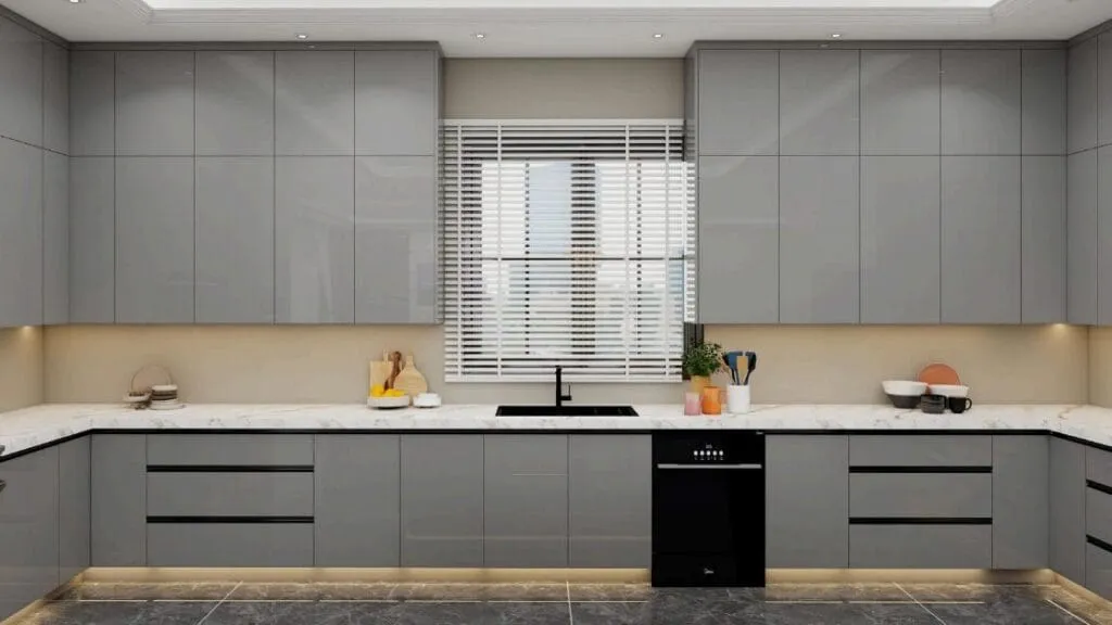 Gray gloss cabinet wall with a window over the sink, a beige backsplash and a black dishwasher