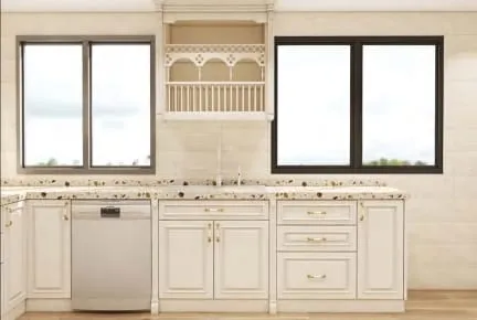 Decorative plate rack with scalloped trim between two windows over a cream sink run