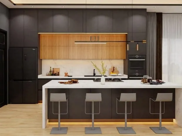 Marble island seating four gray stools in front of a charcoal and walnut cabinet wall