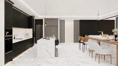 Open plan with a black kitchen wall, marble island and a dining table with upholstered chairs