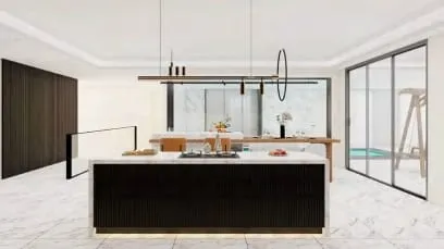 Black fluted island under a linear pendant with sliding glass doors to a pool