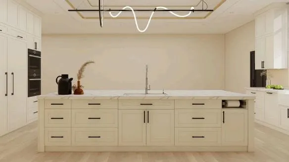 Cream Shaker kitchen with a sculptural looping pendant over a sink run and wall oven