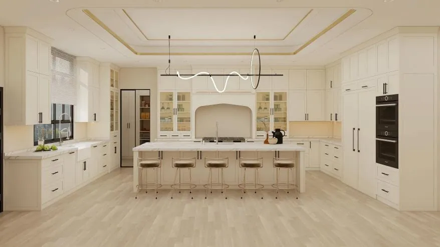 Large cream kitchen with an arched hood alcove and a long island seating five on woven stools