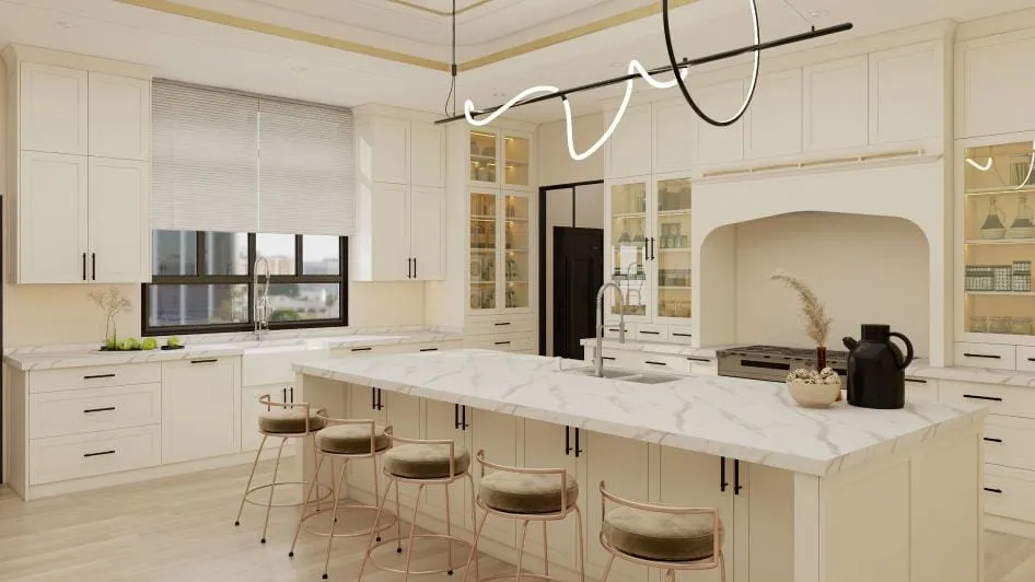 White marble island with brass-frame stools under a looping pendant, with glass-front cabinets behind