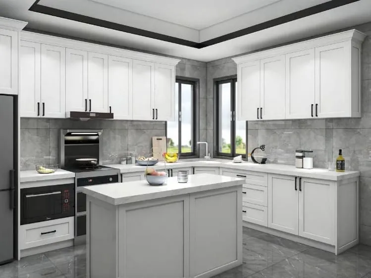 L-shaped white kitchen with a small island and a recessed ceiling with black trim