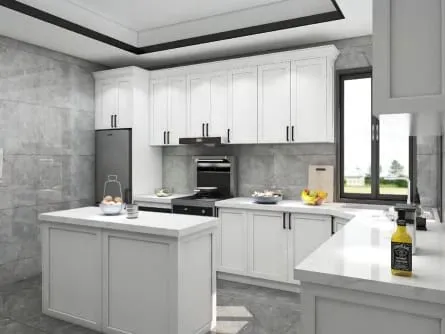 Angled view of a white kitchen with a small island, window and gray tile floor