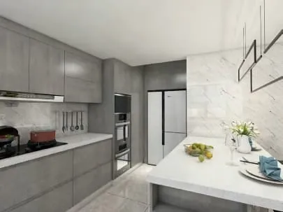 Concrete-gray flat cabinets with a white refrigerator, built-in ovens and marble-look wall slabs
