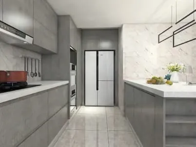 Gray galley leading to a white French-door refrigerator, with a utensil rail over the cooktop