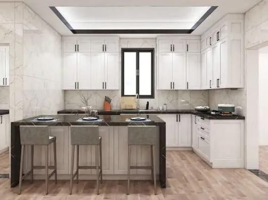 White Shaker kitchen with black veined counters, a black waterfall island with three gray stools and marble-look walls