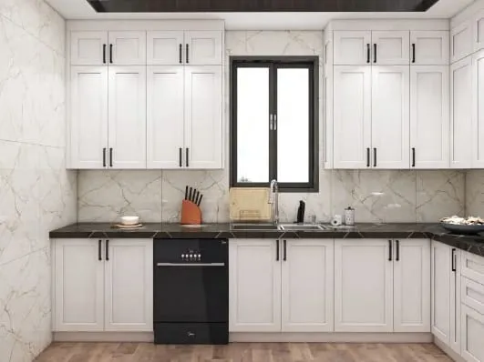Sink under a window with white Shaker cabinets, black stone counter and a black dishwasher
