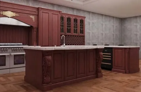 Deep cherry island with carved corbels and white counter in front of an ornate hood and dual-oven range