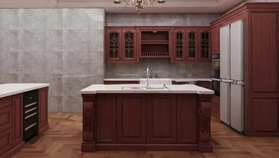 Cherry kitchen with leaded glass upper cabinets, a center island with sink and a stainless refrigerator