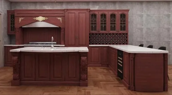 Cherry kitchen with an ornate gold-trimmed hood, diamond wine lattice and carved island