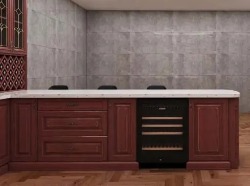 Cherry peninsula with raised-panel drawers and a built-in wine fridge on a herringbone floor