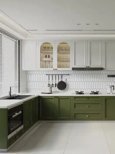 L-shaped olive and white kitchen with a sink by a window with blinds