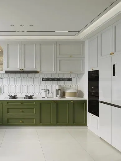 Olive green lowers and white uppers beside a white panel refrigerator