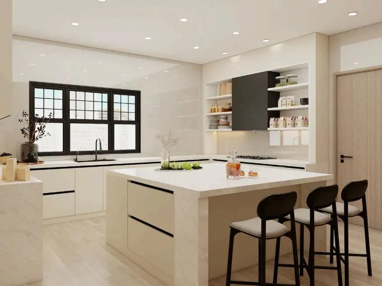 Cream kitchen with black finger-pull channels, an island with three black stools and black-framed grid windows