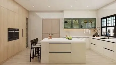 Cream island and perimeter cabinets with a green-framed glass cabinet and a light oak wall with a built-in oven