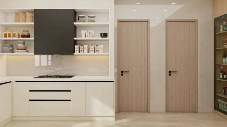 Black box hood between open white shelves over a cooktop, beside two oak doors