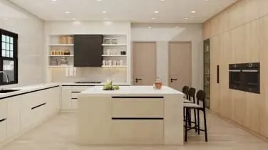 Reverse view of a cream island with stools, open shelves and a built-in oven in oak cabinets
