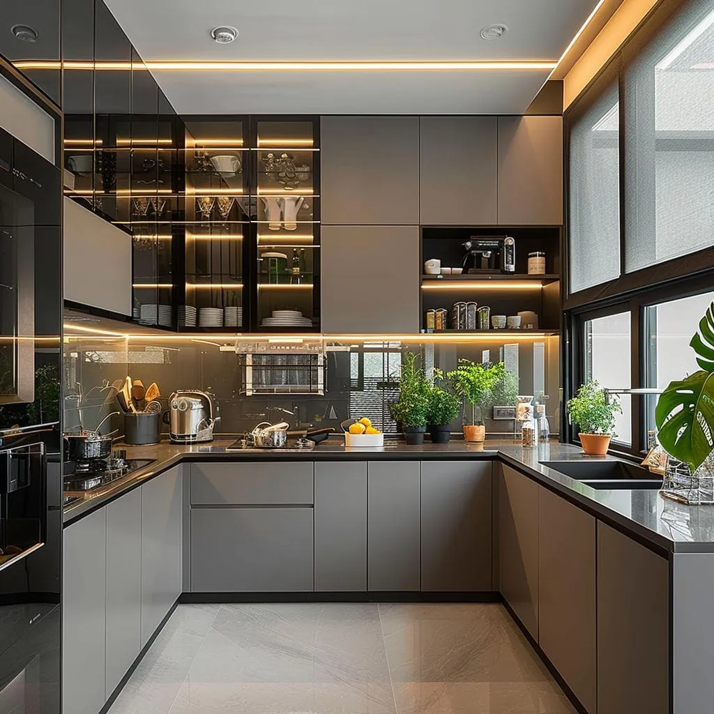 U-shaped kitchen with gray flat-panel cabinets, smoked-glass wall cabinets with lit shelves, a dark counter and a wide window