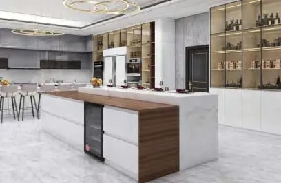 White island with a walnut waterfall end and wine fridge beside a lit glass display wall under ring chandeliers