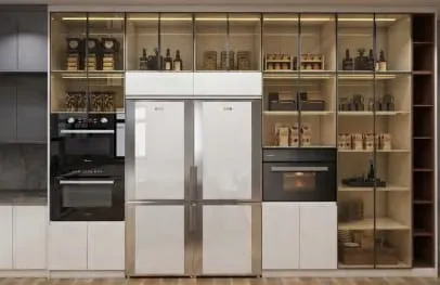 Glass-front pantry cabinets with lit shelves around a white French-door refrigerator and two ovens