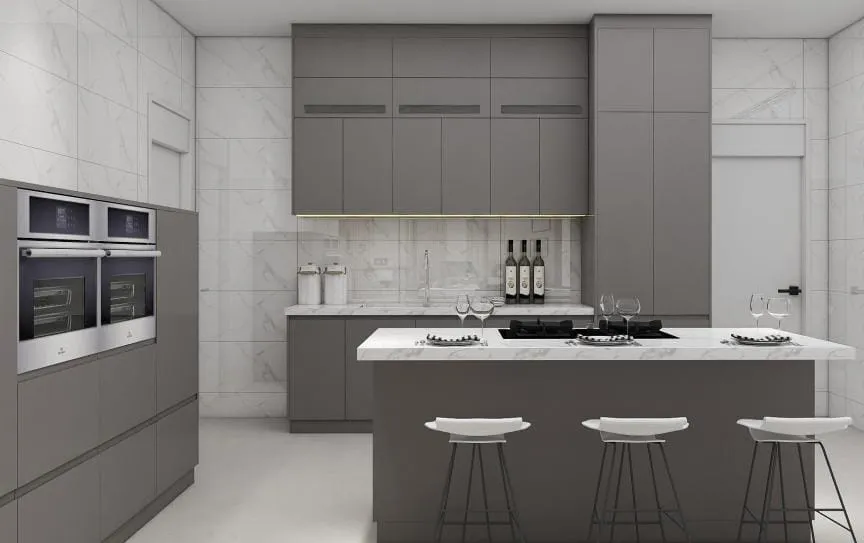 Taupe flat cabinet kitchen with two wall ovens, marble-look wall tile and an island with three white stools