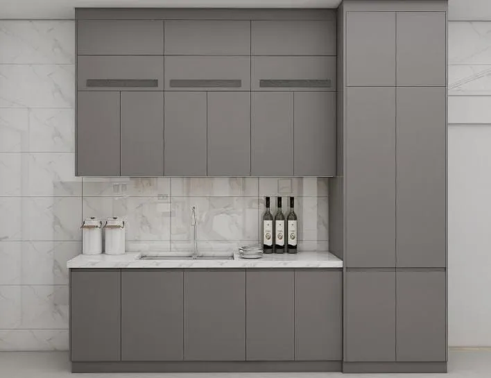 Taupe slab cabinets with recessed grips over a sink, beside a tall pantry cabinet