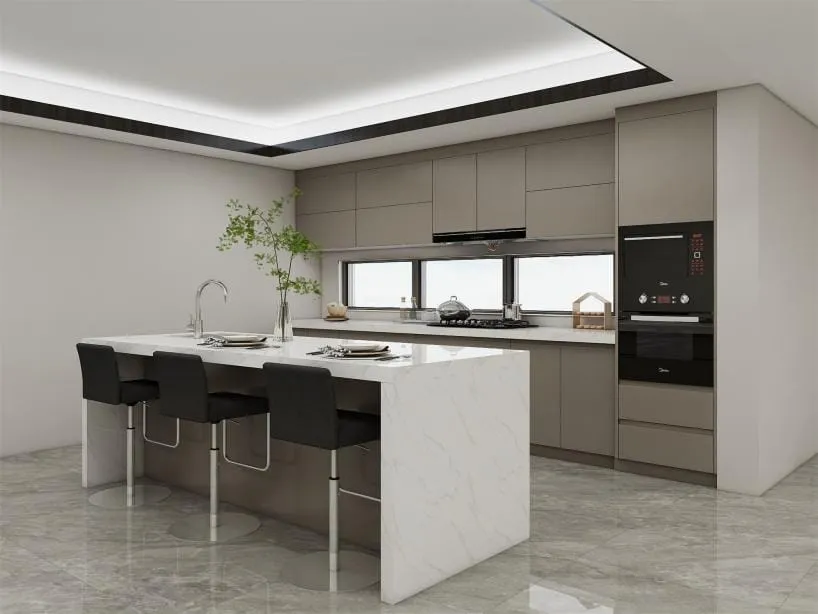 Taupe kitchen with a white waterfall island, three black stools and a ribbon window over the counter