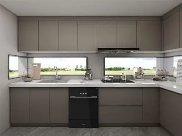 U-shaped taupe kitchen with ribbon windows above the counter and a black dishwasher