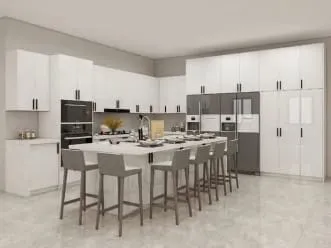 White gloss kitchen with a long island seating six and built-in ovens