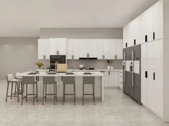 White gloss cabinets with black pulls, a long island with stools and gray glass refrigerators