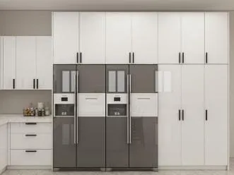 Two gray glass French-door refrigerators set into a wall of white gloss cabinets