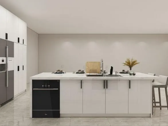 White island with a black dishwasher and sink in front of a white cabinet wall