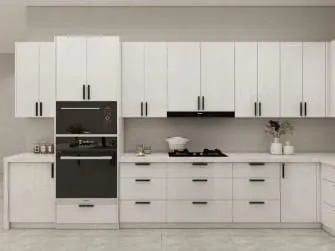 White gloss cooking wall with black built-in ovens and drawers below the cooktop