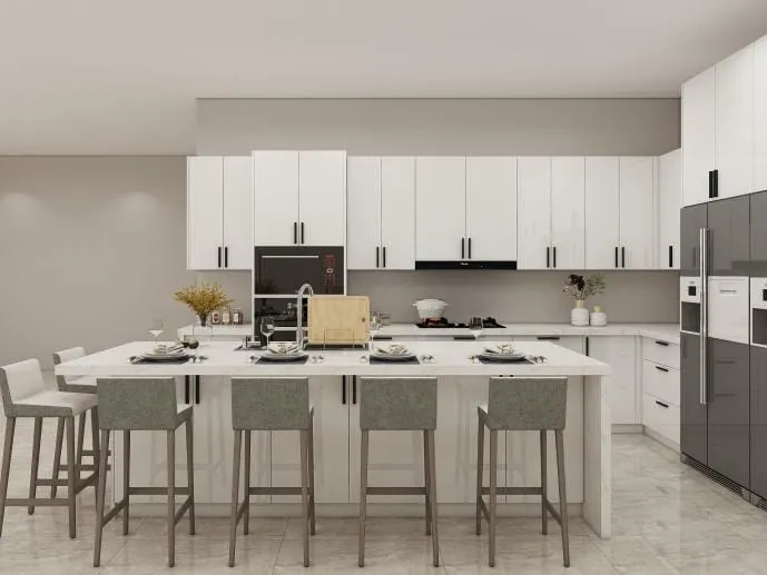 Long white island with four gray stools in front of a white gloss kitchen