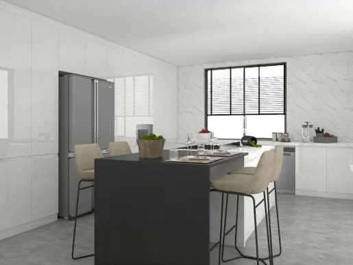 Black island with beige stools in a white kitchen with a stainless refrigerator