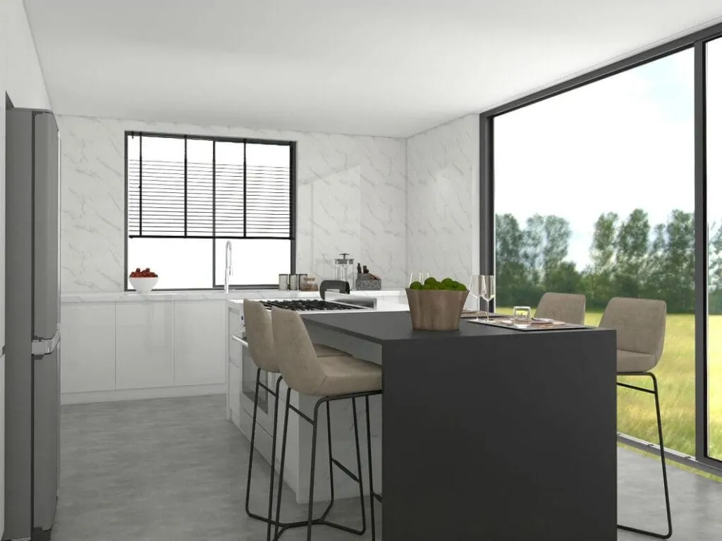 Black island with stools next to a floor-to-ceiling window in a white kitchen