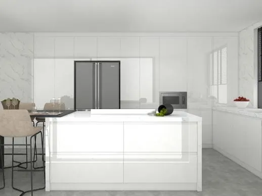 White island and white cabinet wall around a gray French-door refrigerator