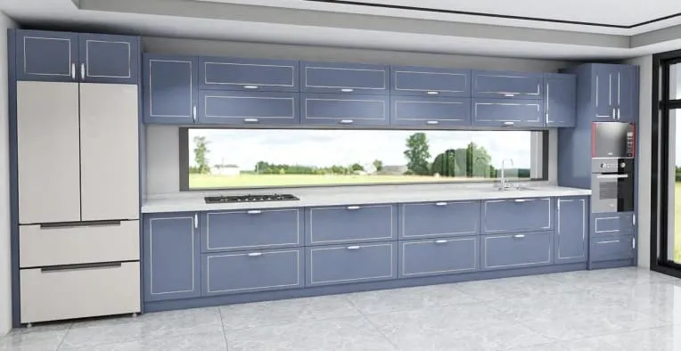 Slate blue kitchen with a long ribbon window over the counter, a beige refrigerator and a built-in oven column
