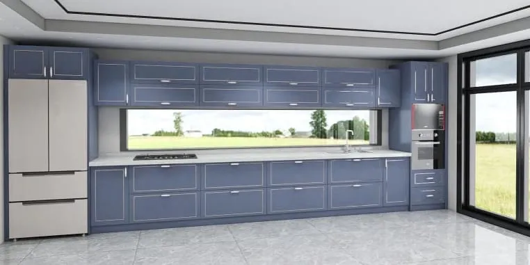 Slate blue cabinet wall with a ribbon window, cooktop and a tall glass door at the end