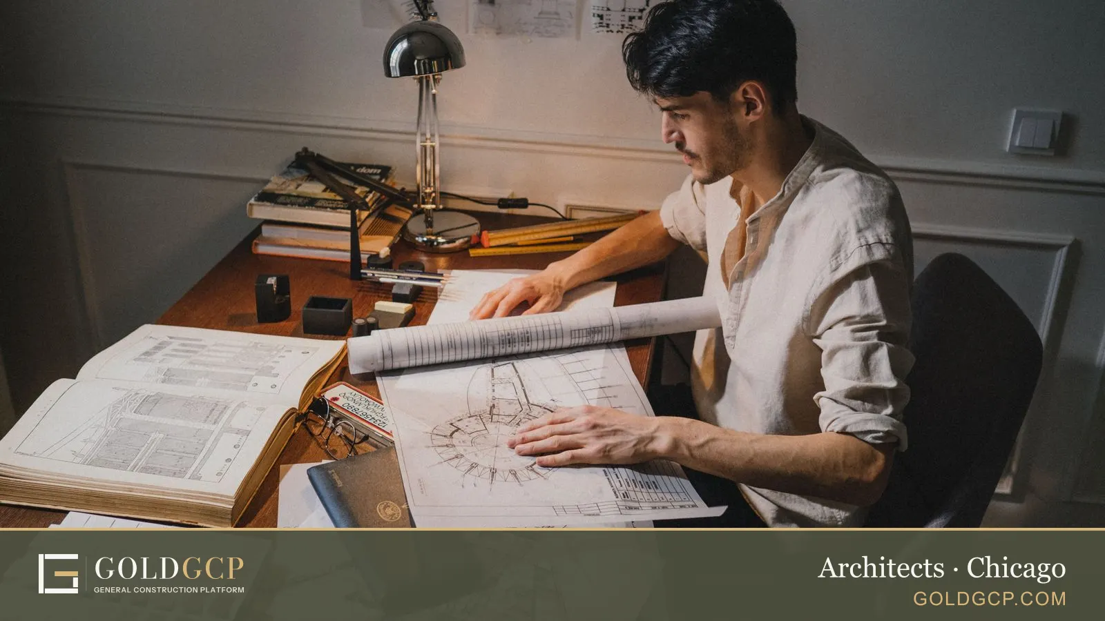 An architect working over drawings and code books at a desk