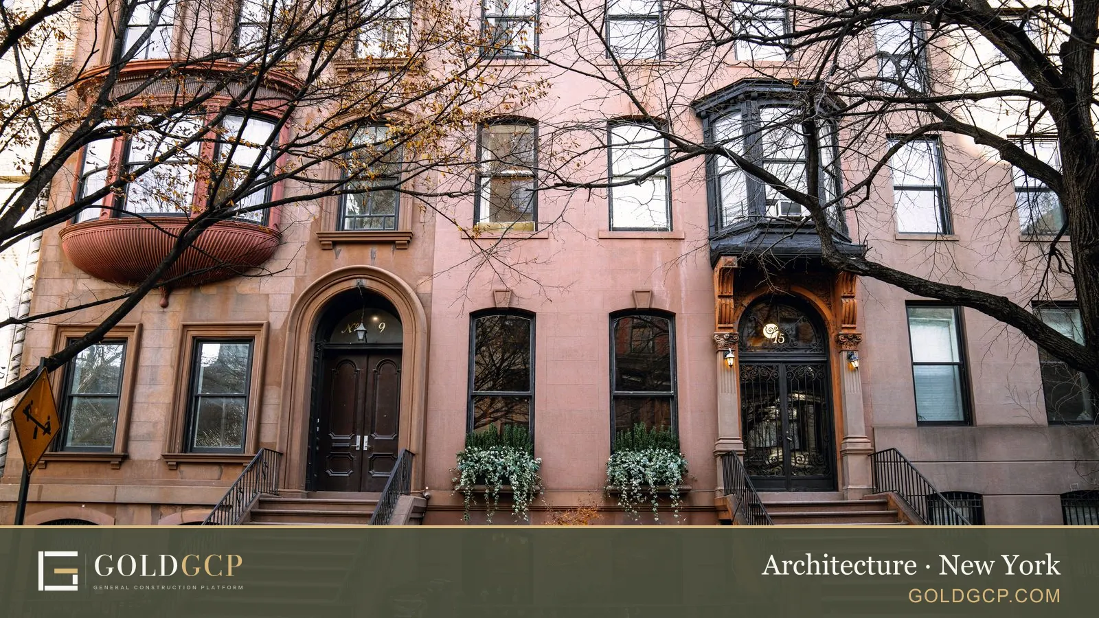 Brownstone row houses on a Brooklyn street in autumn