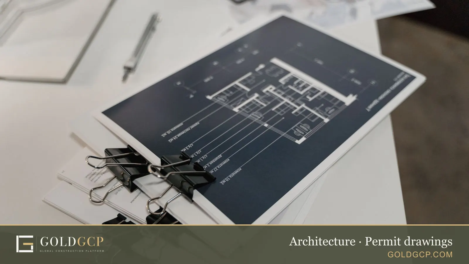A stack of architectural floor plans clipped together on a table