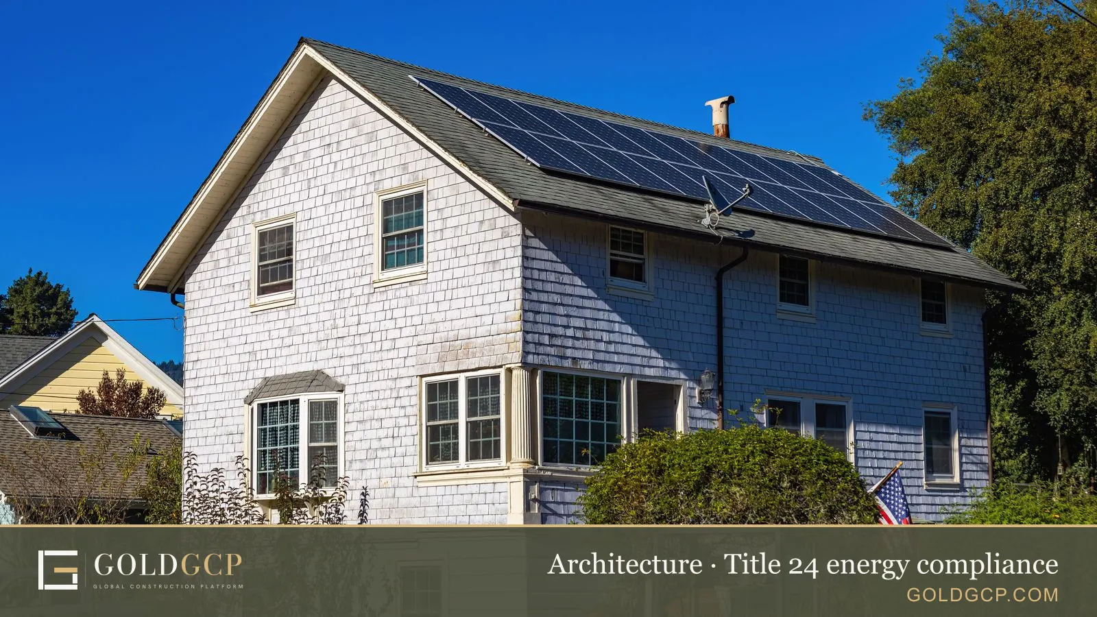 A two-story home with solar panels on its roof